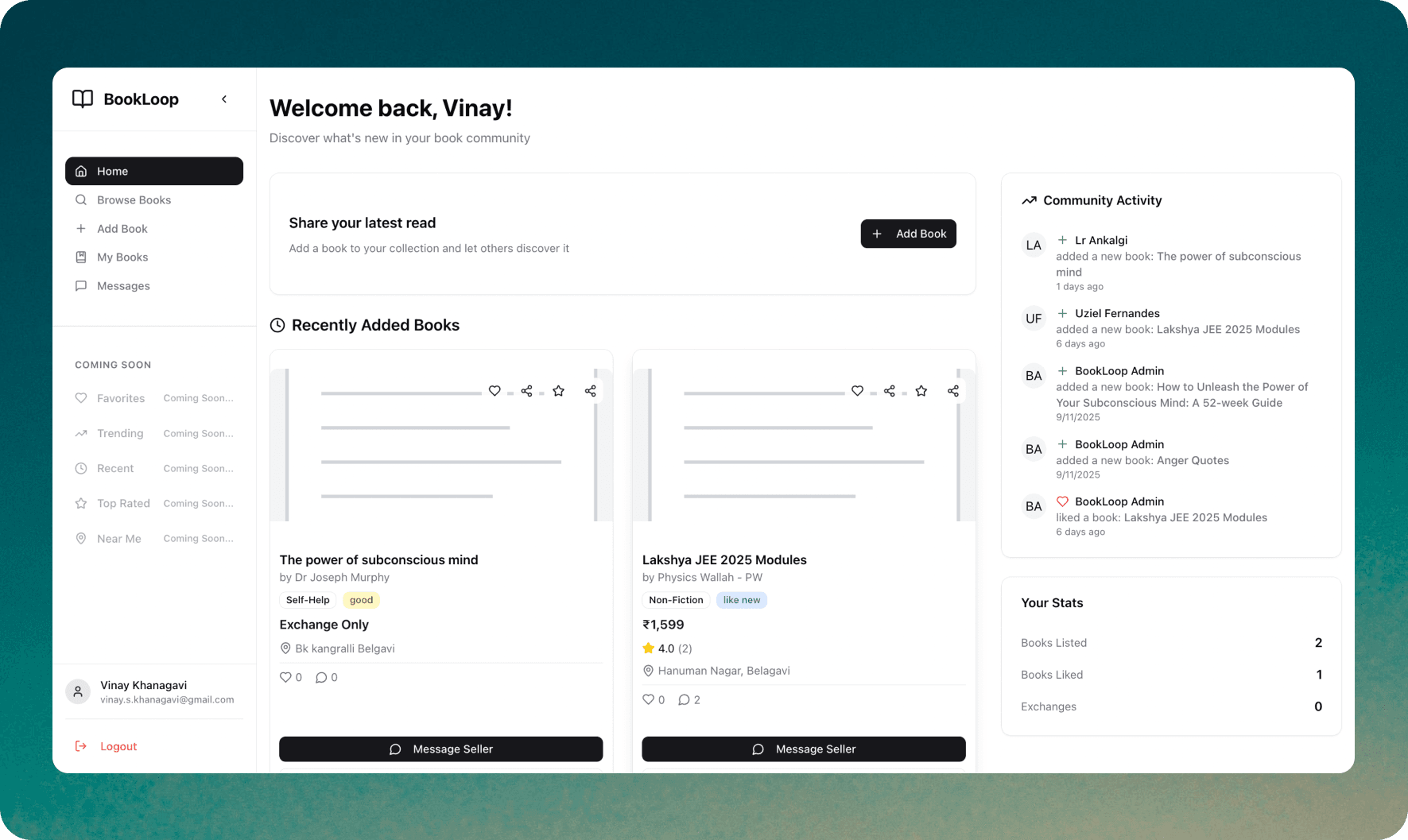 BookLoop Dashboard - Main interface showing book listings and community activity
